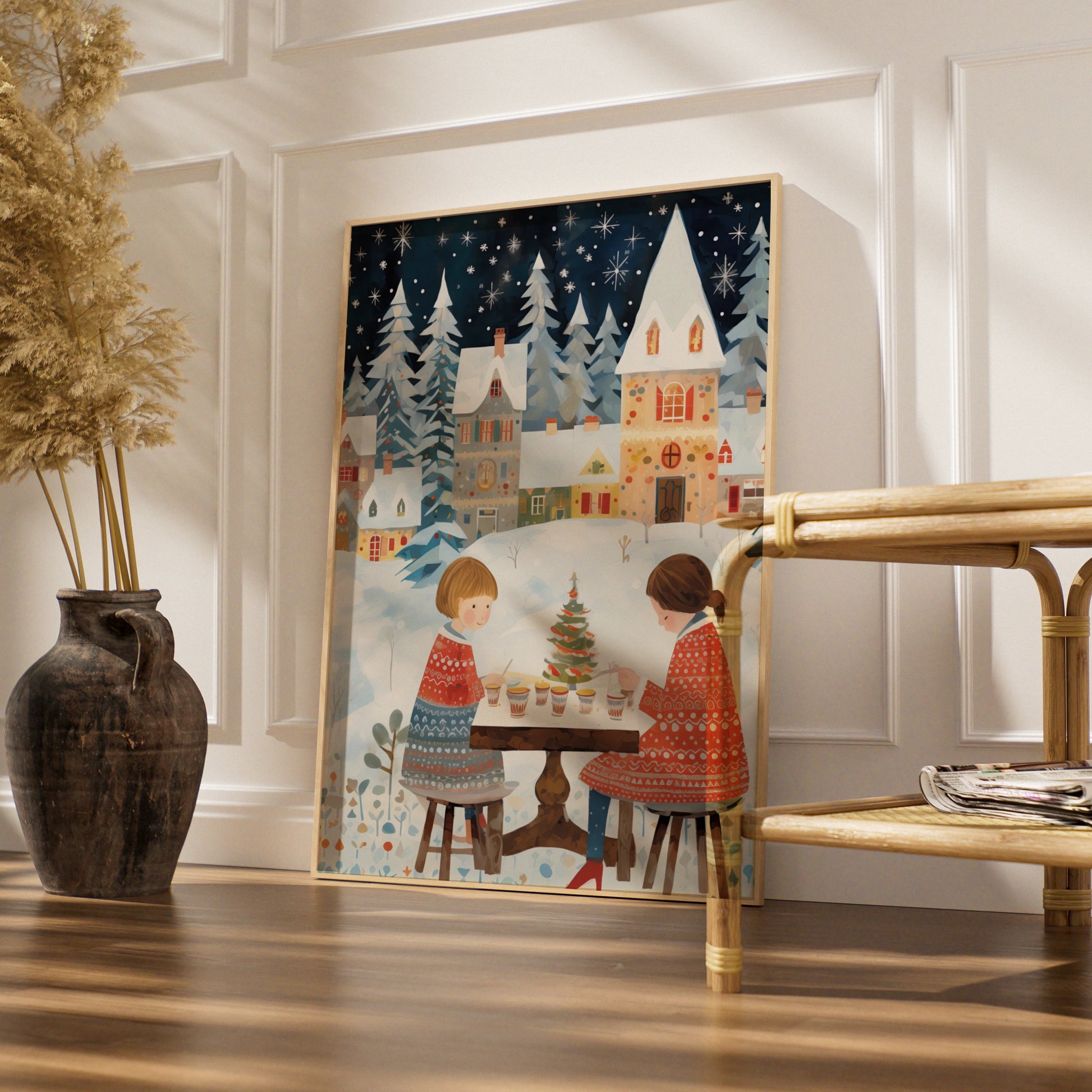 Christmas Village Poster, Festive Winter Scene, Children Holiday Wall Art, Snowy Xmas Print