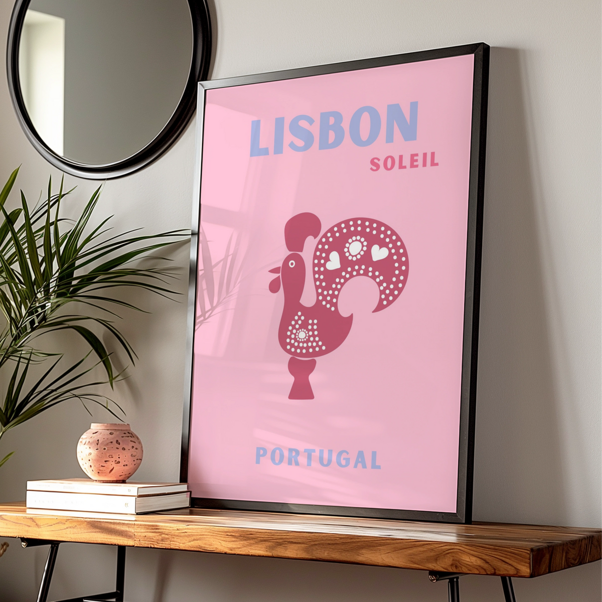 Lisbon Portugal Travel Poster, Retro Wall Art, Pink Rooster Print, Iberian Decor