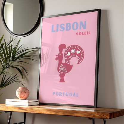 Lisbon Portugal Travel Poster, Retro Wall Art, Pink Rooster Print, Iberian Decor