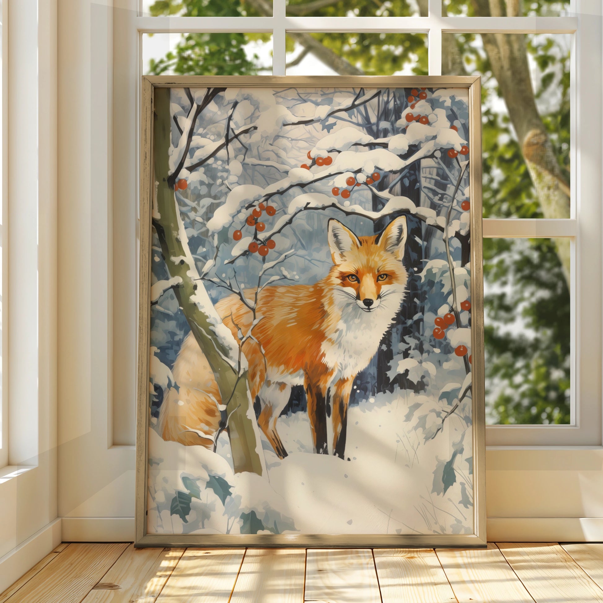Christmas Fox Poster, Winter Snow Forest Wall Art, Red Fox Print, Festive Wildlife Decor