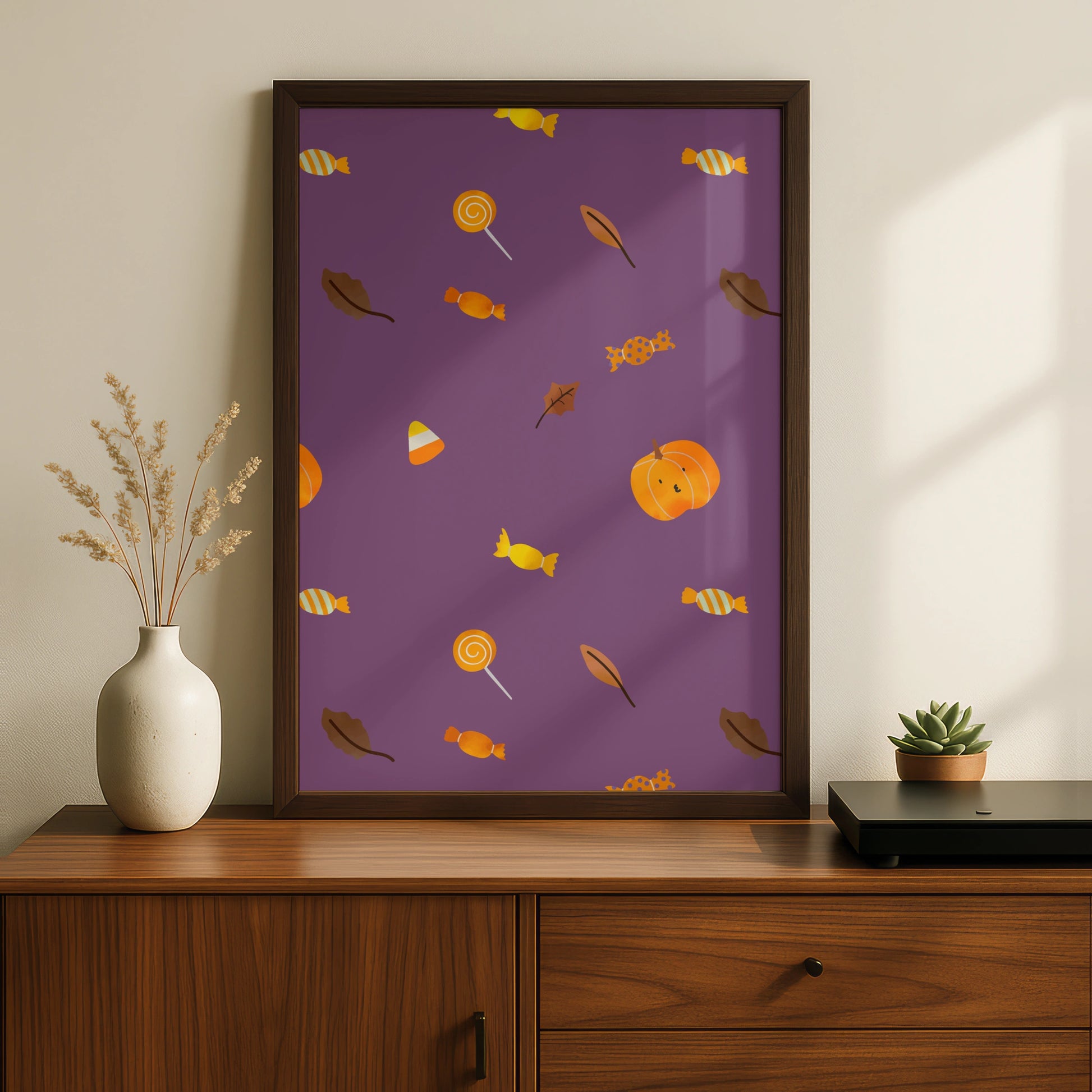 Halloween Candy Pattern Poster, Trick or Treat Wall Art, Pumpkin Purple Print
