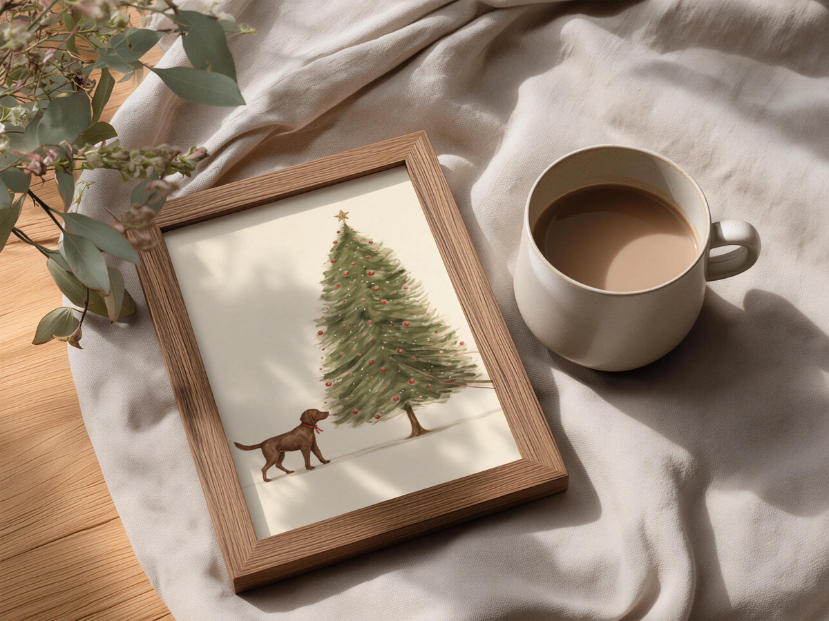 Chocolate Labrador Christmas Tree Poster, Festive Dog Wall Art, Vintage Style Holiday Art Print