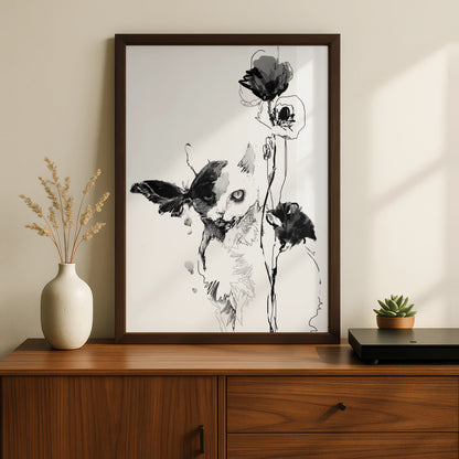 Cat Butterfly Floral Monochrome Wall Art, Black and White Poster, Minimalist Print