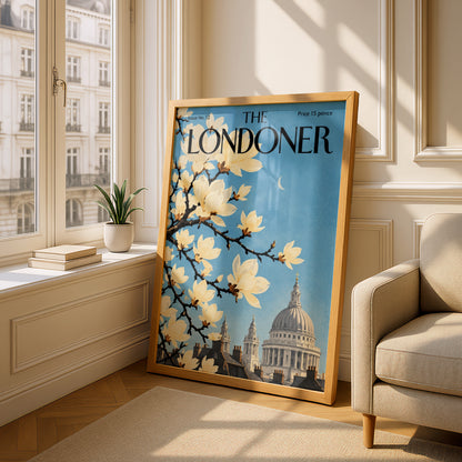 London Magnolia Blossom Poster, St Paul's Cathedral Wall Art, Vintage Magazine Cover Print