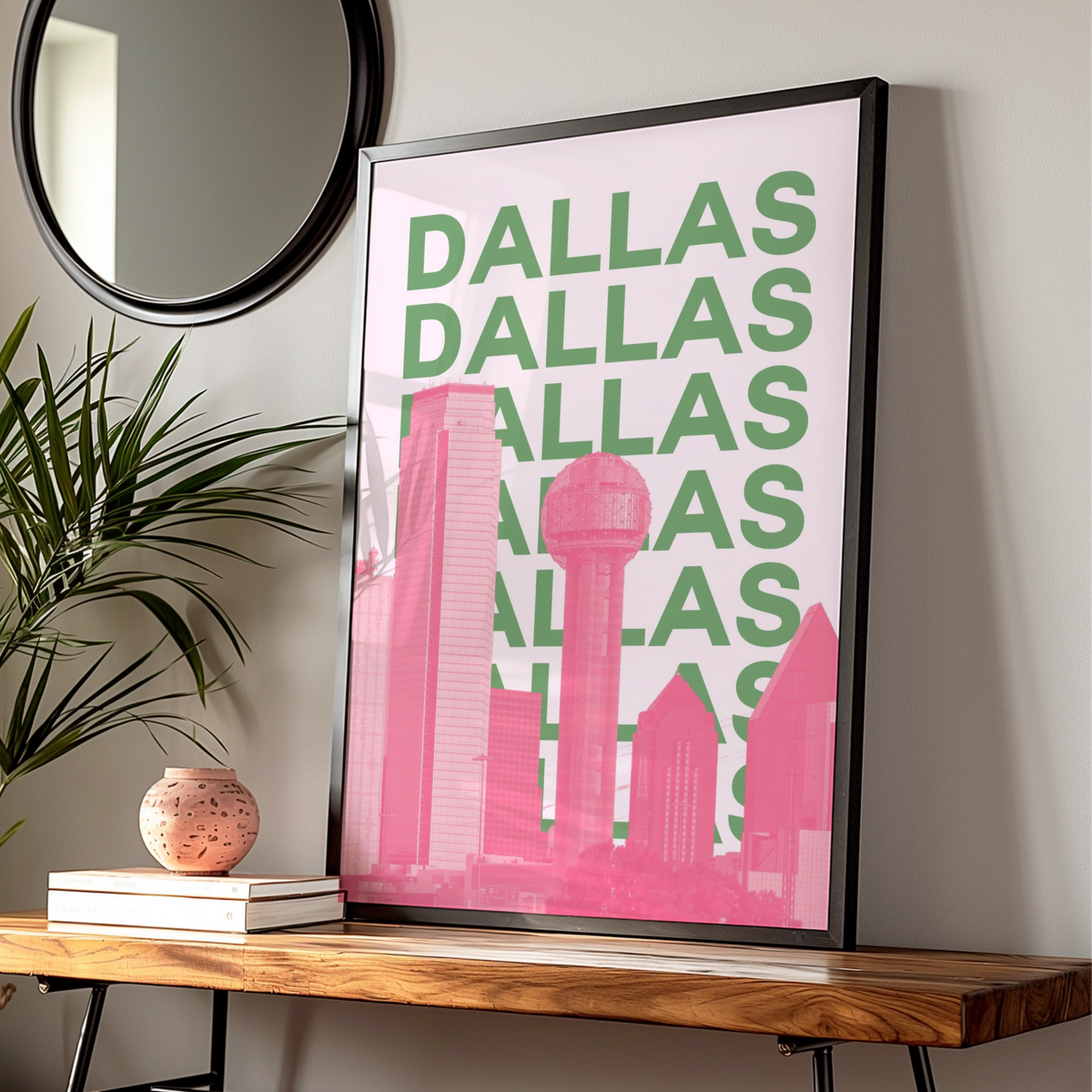 Dallas Travel Poster Texas Skyline Wall Art, Retro City Print, Pink Green Decor