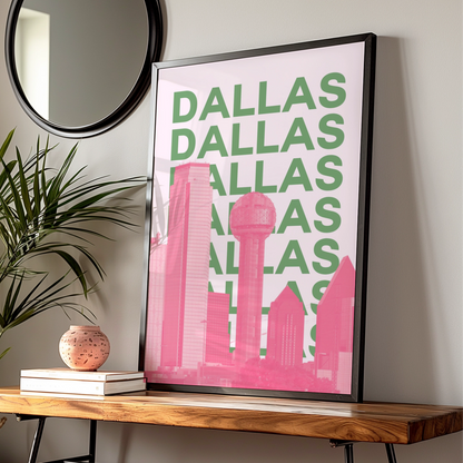 Dallas Travel Poster Texas Skyline Wall Art, Retro City Print, Pink Green Decor