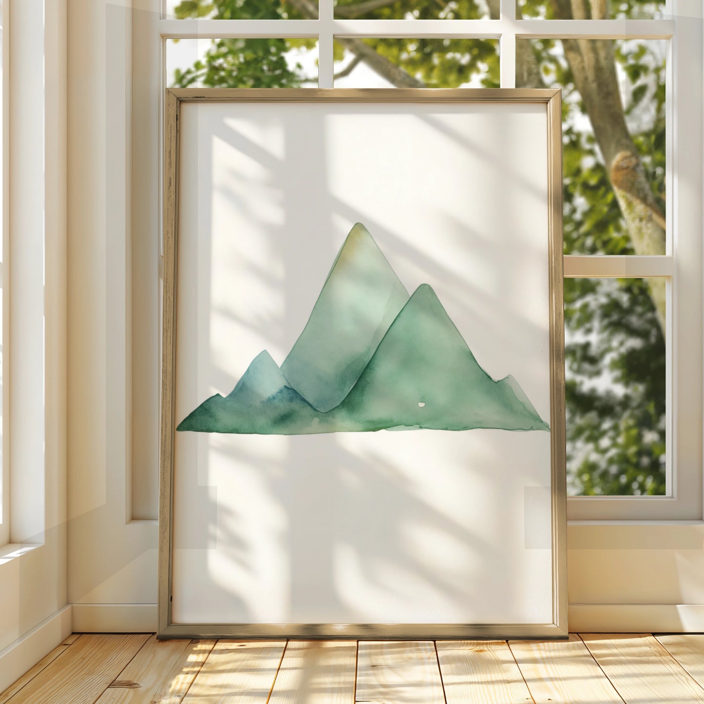 Watercolour Mountain Nursery Wall Art, Green Sage Nature Print, Baby Room Poster
