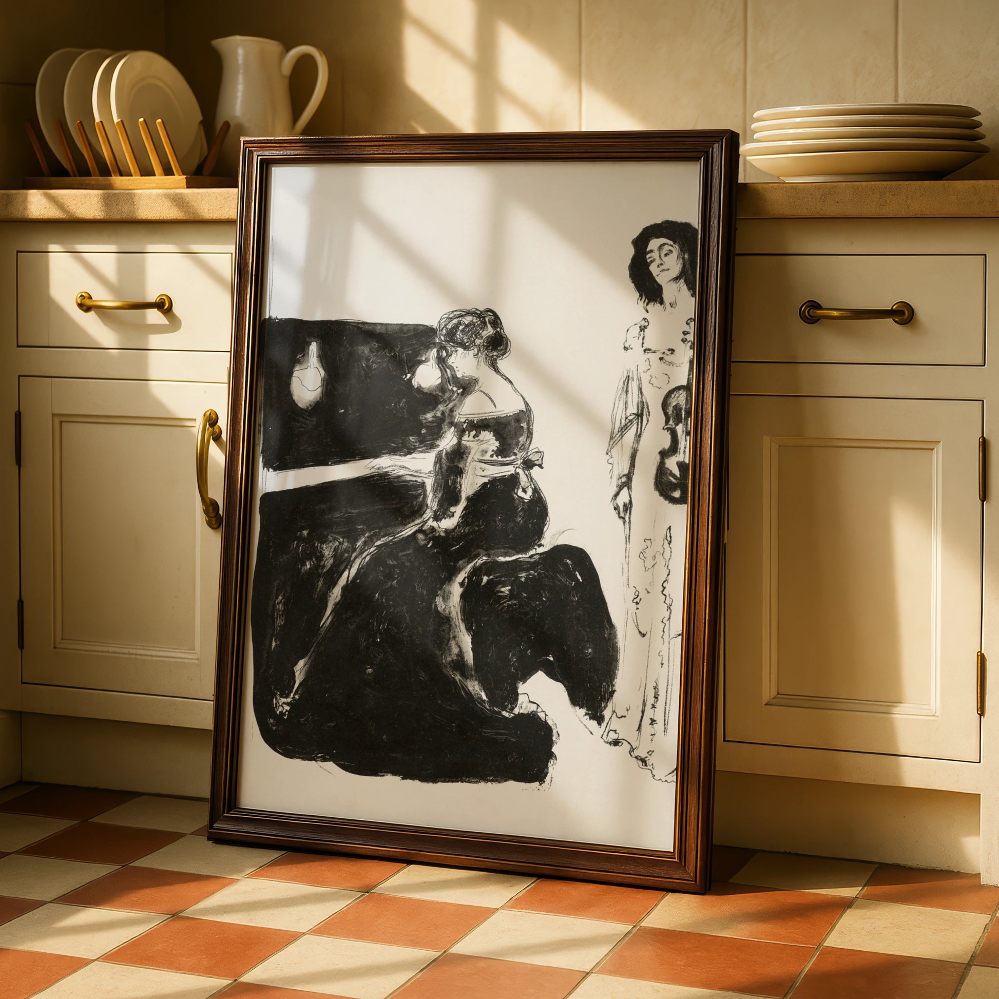 Halloween Gothic Women Music Art Print, Dark Piano Violin Wall Poster, Spooky Black White Decor