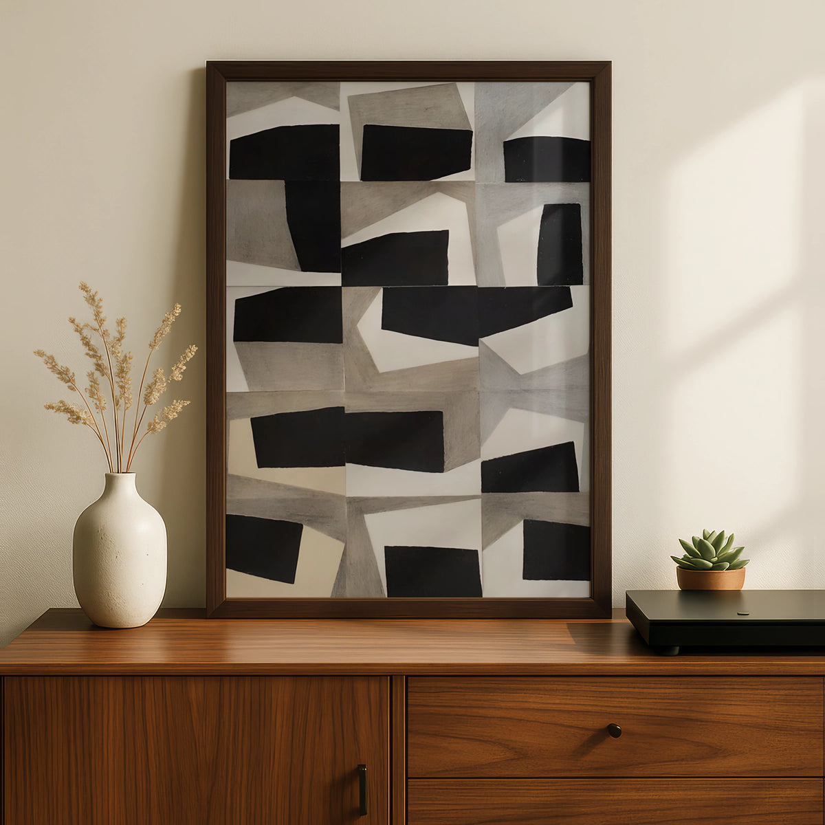 Geometric Abstract Monochrome Wall Art, Black Grey Modern Print, Contemporary Poster