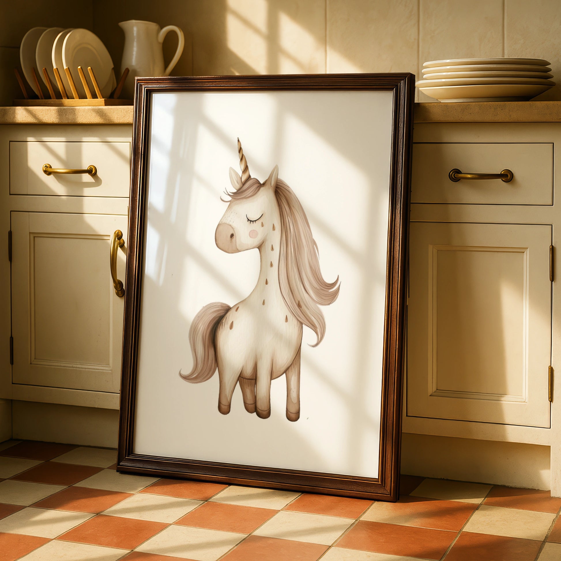 Unicorn Nursery Wall Art, Boho Beige Unicorn Poster, Girls Room Decor Print