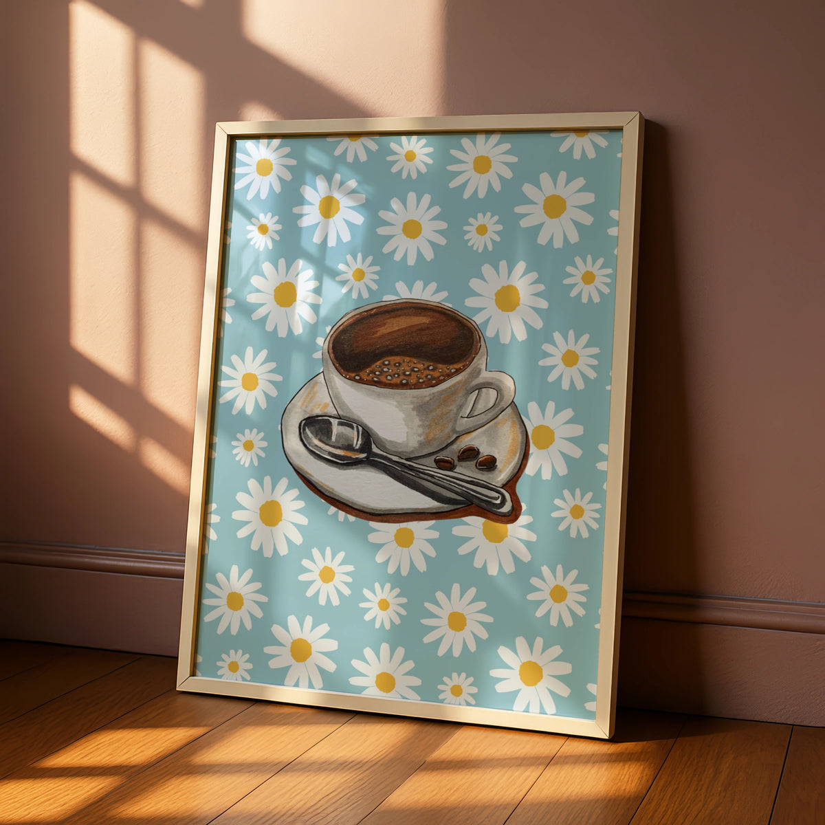 Maximalist Coffee Cup Daisy Poster, Retro Floral Kitchen Wall Art, Blue Espresso Print
