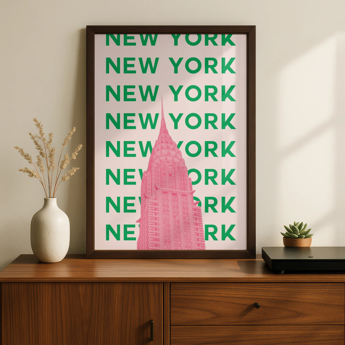 New York Travel Poster, NYC Retro Wall Art, Chrysler Building Pink Green Print