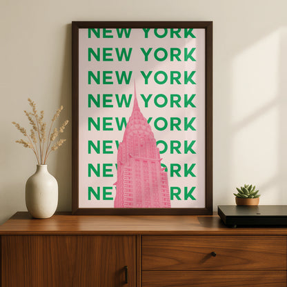 New York Travel Poster, NYC Retro Wall Art, Chrysler Building Pink Green Print