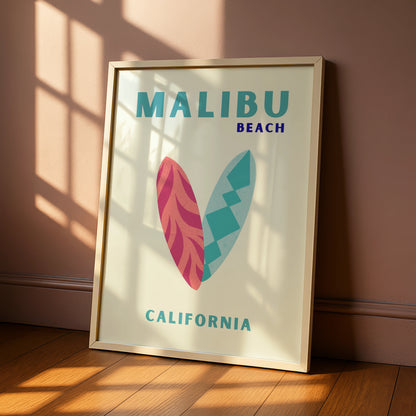Malibu Beach California Travel Poster, Retro Surf Wall Art, Coastal Print Gift