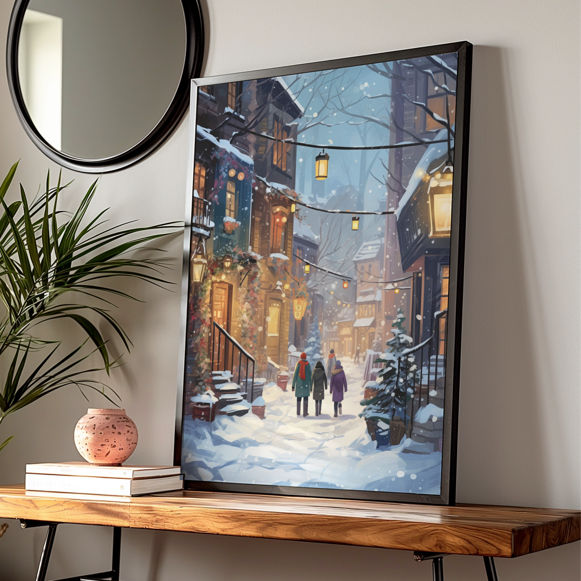Christmas Village Street Poster, Snowy Winter Scene Wall Art, Festive Holiday Print