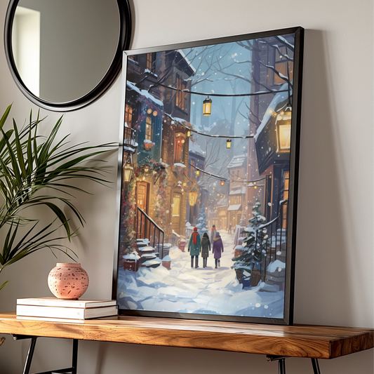Christmas Village Street Poster, Snowy Winter Scene Wall Art, Festive Holiday Print