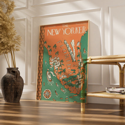 The New Yorker 1926 Florida Map Poster, Vintage Travel Wall Art, Palm Beach Print