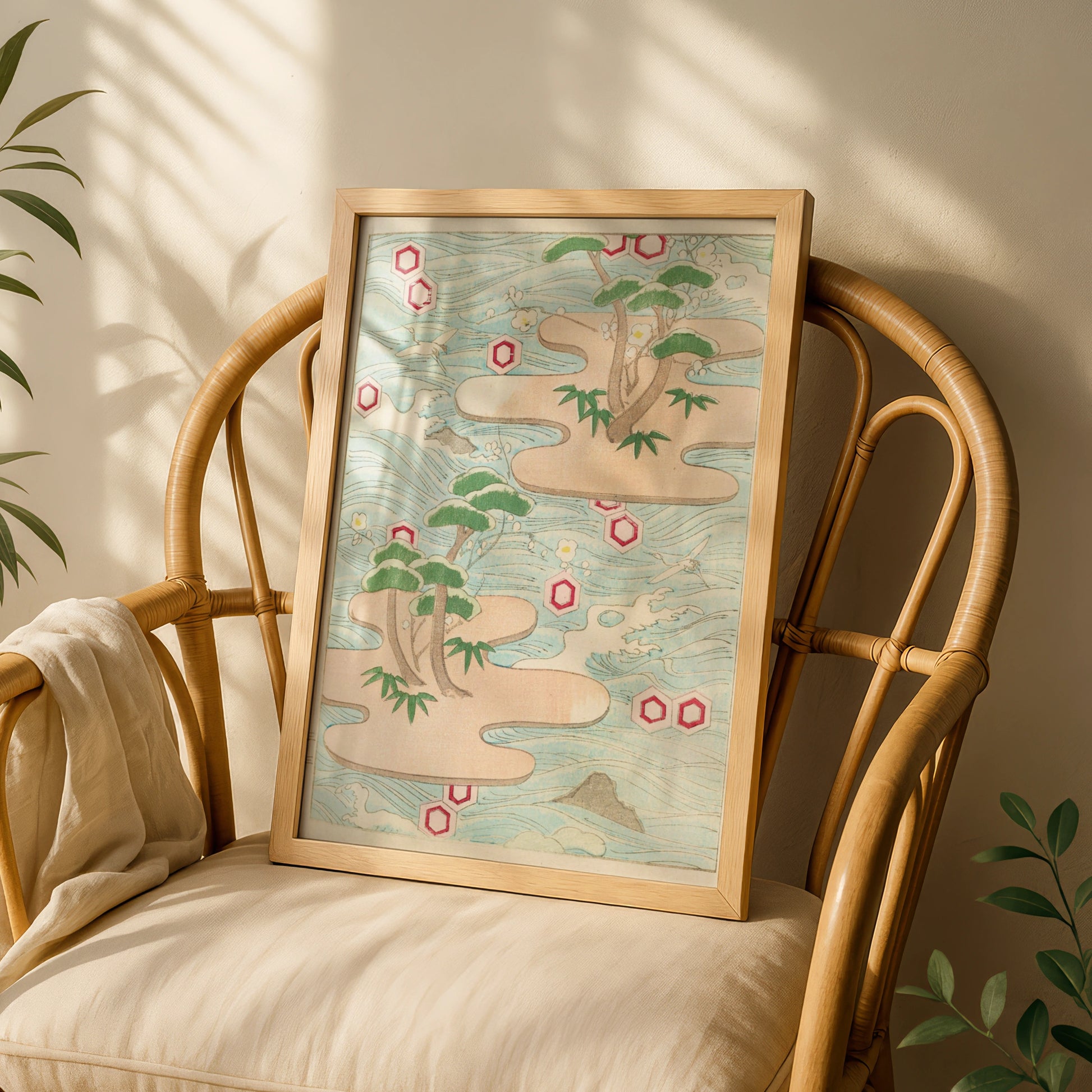 Japanese Woodblock Wall Art, Bijutsukai 1901 Vintage Poster, Crane Pine Japandi Print – A5 White frame