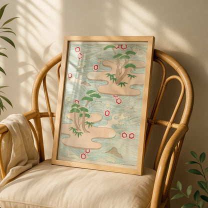 Japanese Woodblock Wall Art, Bijutsukai 1901 Vintage Poster, Crane Pine Japandi Print – A5 White frame