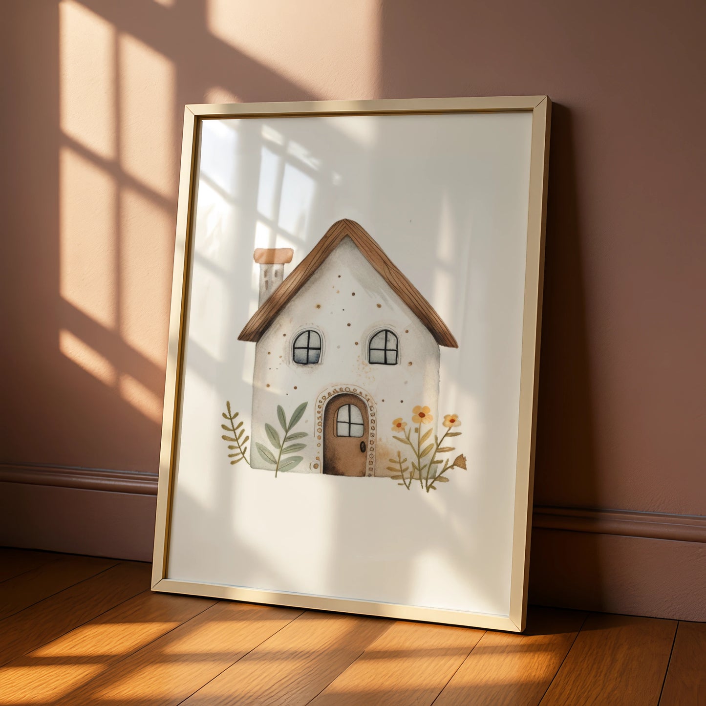 Nursery Wall Art Cute House Print, Boho Watercolour Poster, Baby Room Floral Decor
