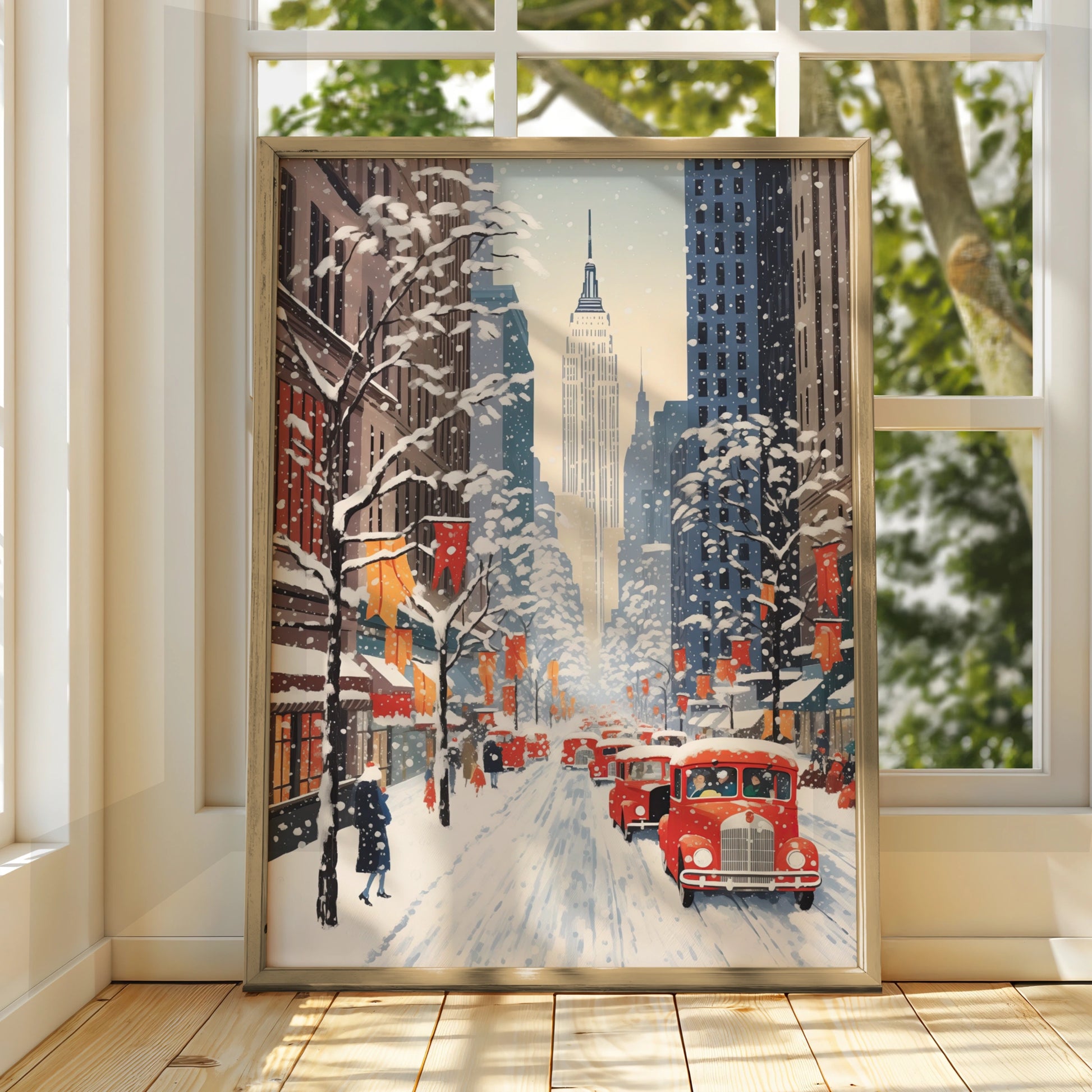 New York Christmas Poster, Snowy NYC Street Art, Empire State Winter Wall Decor Print