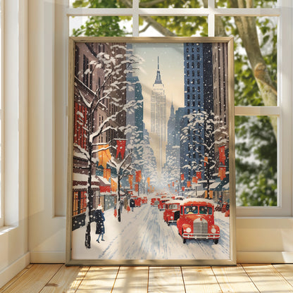 New York Christmas Poster, Snowy NYC Street Art, Empire State Winter Wall Decor Print