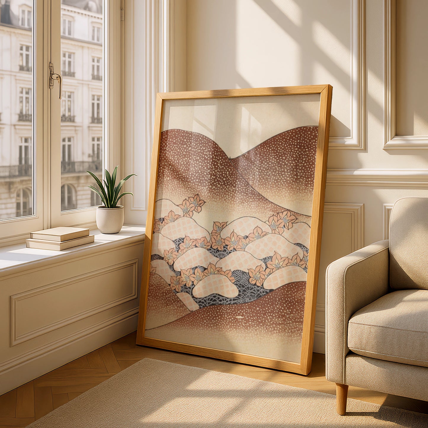Japanese Botanical Print, Vintage Woodblock Wall Art, Floral Japandi Poster, Terracotta Waves – A5 Oak frame