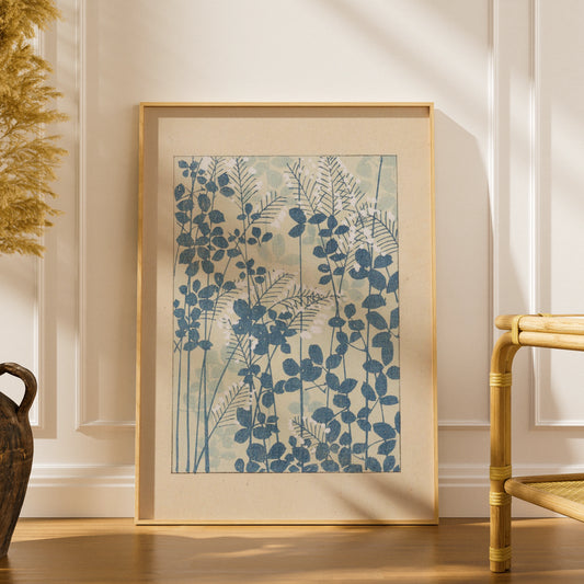 Japanese Botanical Print, Vintage Woodblock Wall Art, Blue Floral Japandi Poster, Minimalist Leaf – A5 print