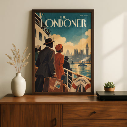 The Londoner Vintage Magazine Cover Poster, Windrush Ship Wall Art, London Skyline Art Print