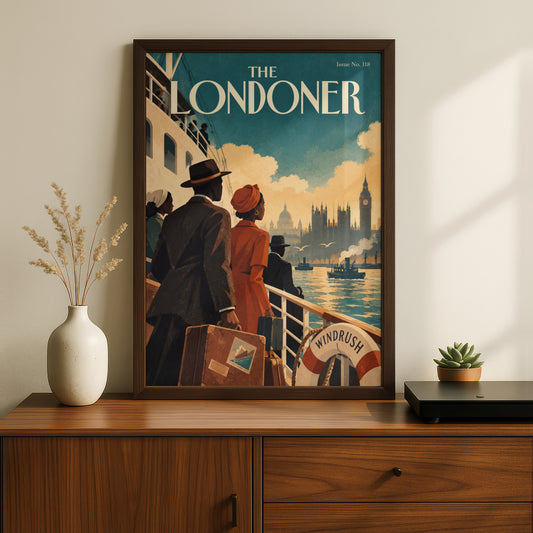 The Londoner Vintage Magazine Cover Poster, Windrush Ship Wall Art, London Skyline Art Print