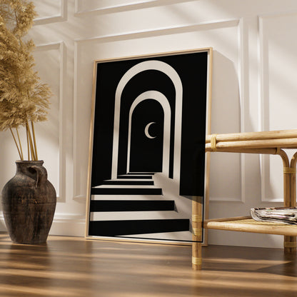 Arch Stairway Crescent Moon Print, Monochrome Wall Art, Minimalist Black White Poster