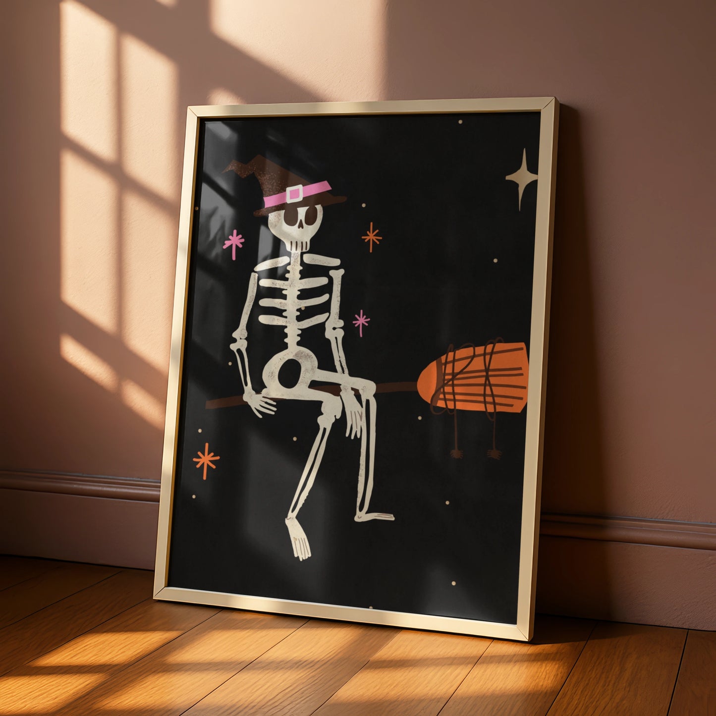 Halloween Skeleton Witch Hat Poster, Spooky Wall Art, Dark Retro Print, Pink Orange Decor