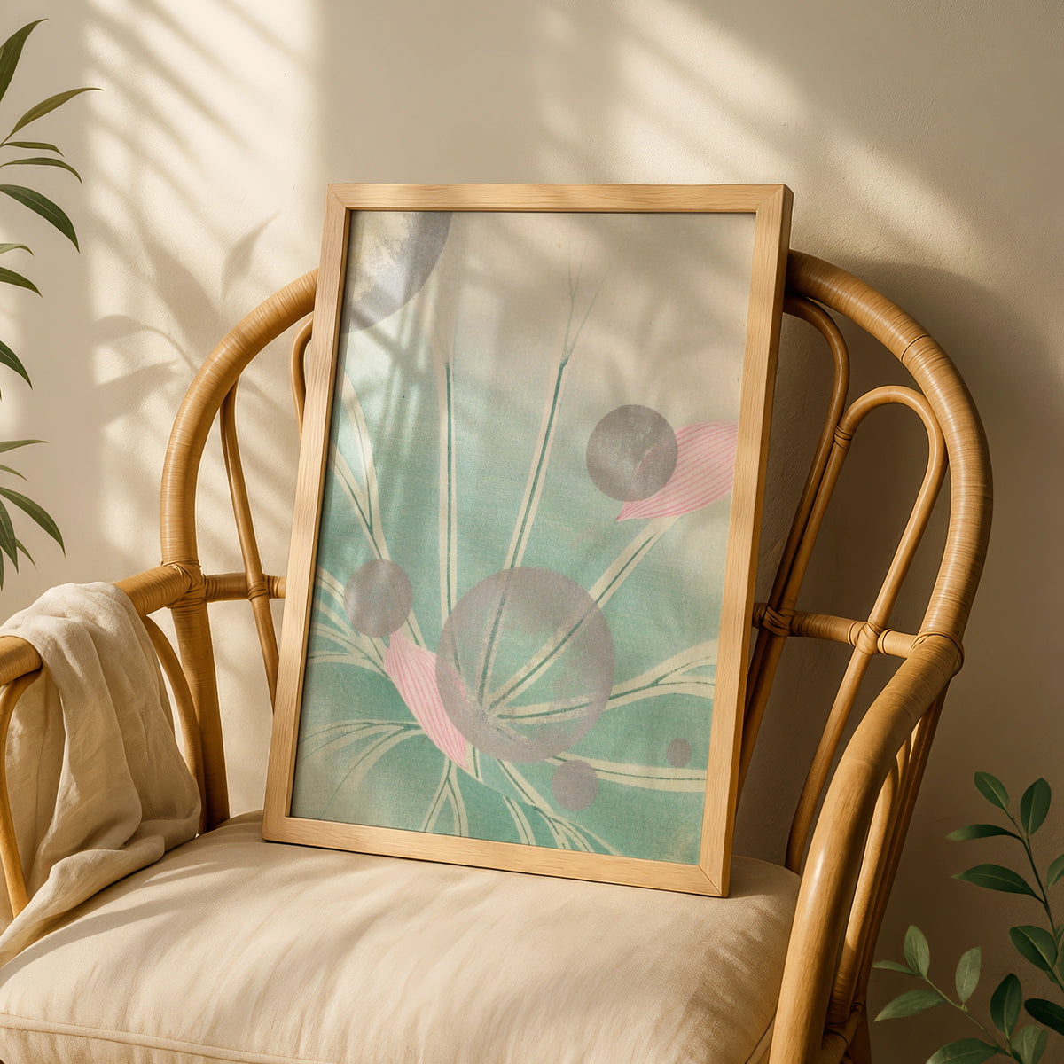 Japanese Sage Green Botanical Print, Vintage Woodblock Floral Wall Art, Japandi Poster – A5 White frame