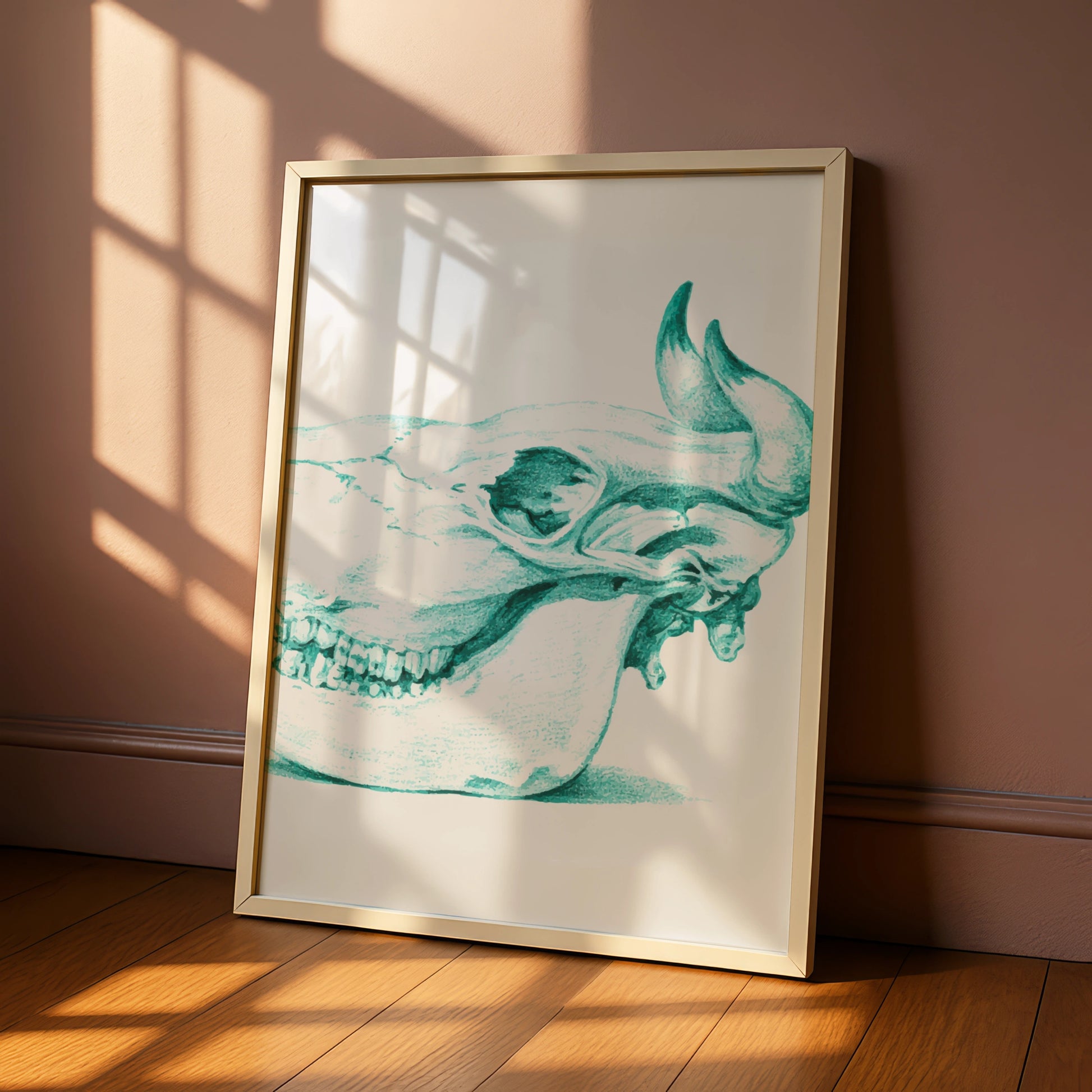 Animal Skull Halloween Art Print, Teal Gothic Poster, Spooky Wall Art, Dark Anatomy Decor