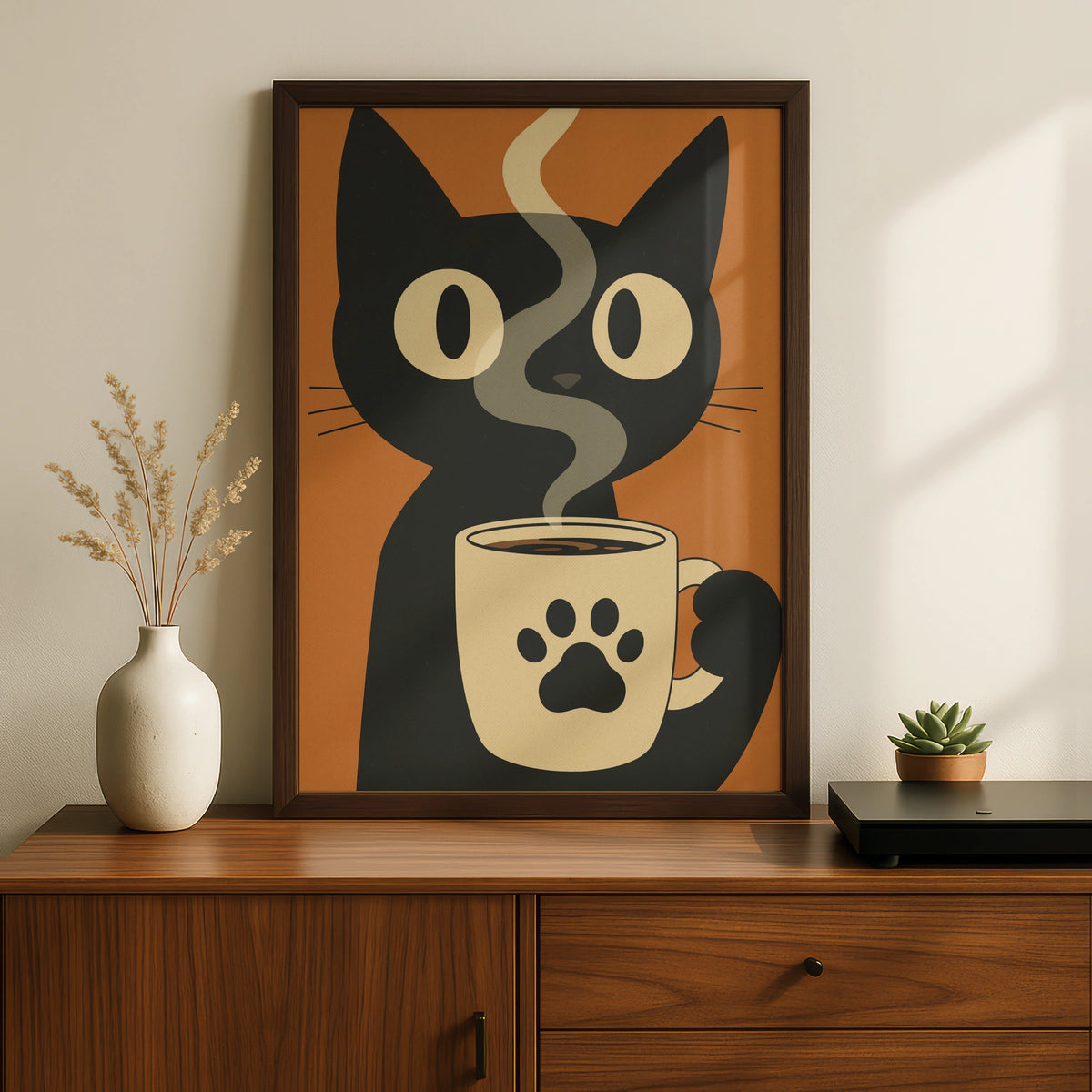 Black Cat Coffee Cartoon Poster, Funny Cat Wall Art, Retro Quirky Print, Kitchen Decor