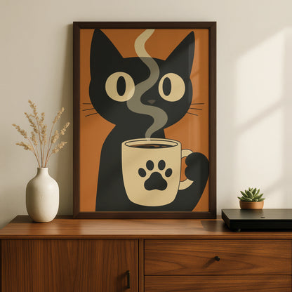 Black Cat Coffee Cartoon Poster, Funny Cat Wall Art, Retro Quirky Print, Kitchen Decor
