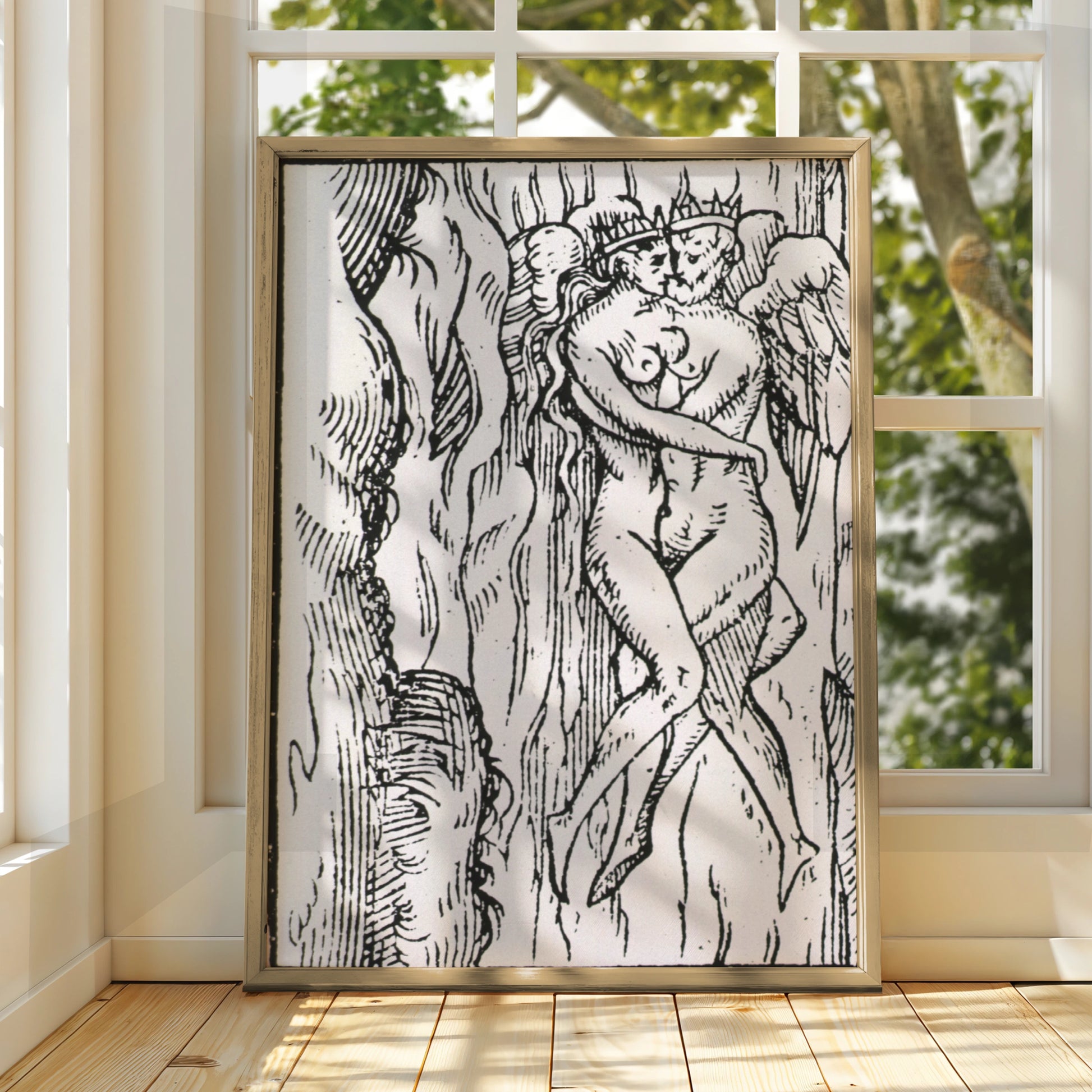 Halloween Dark Art Print, Medieval Woodcut Demon Figure, Gothic Black White Occult Poster Wall Art