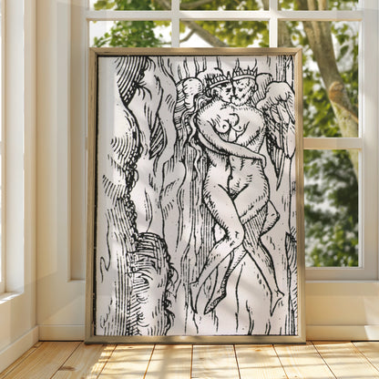 Halloween Dark Art Print, Medieval Woodcut Demon Figure, Gothic Black White Occult Poster Wall Art
