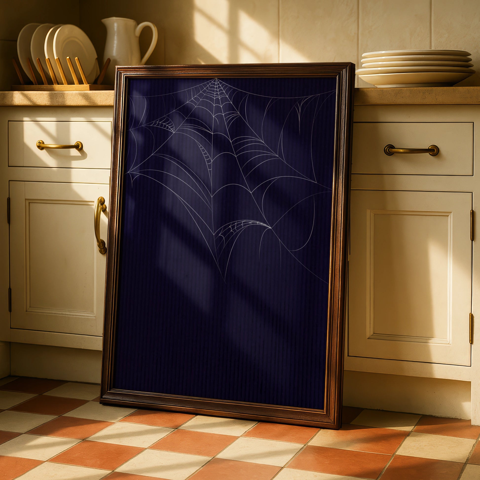 Halloween Spider Web Poster, Dark Navy Spooky Wall Art, Gothic Home Decor Print