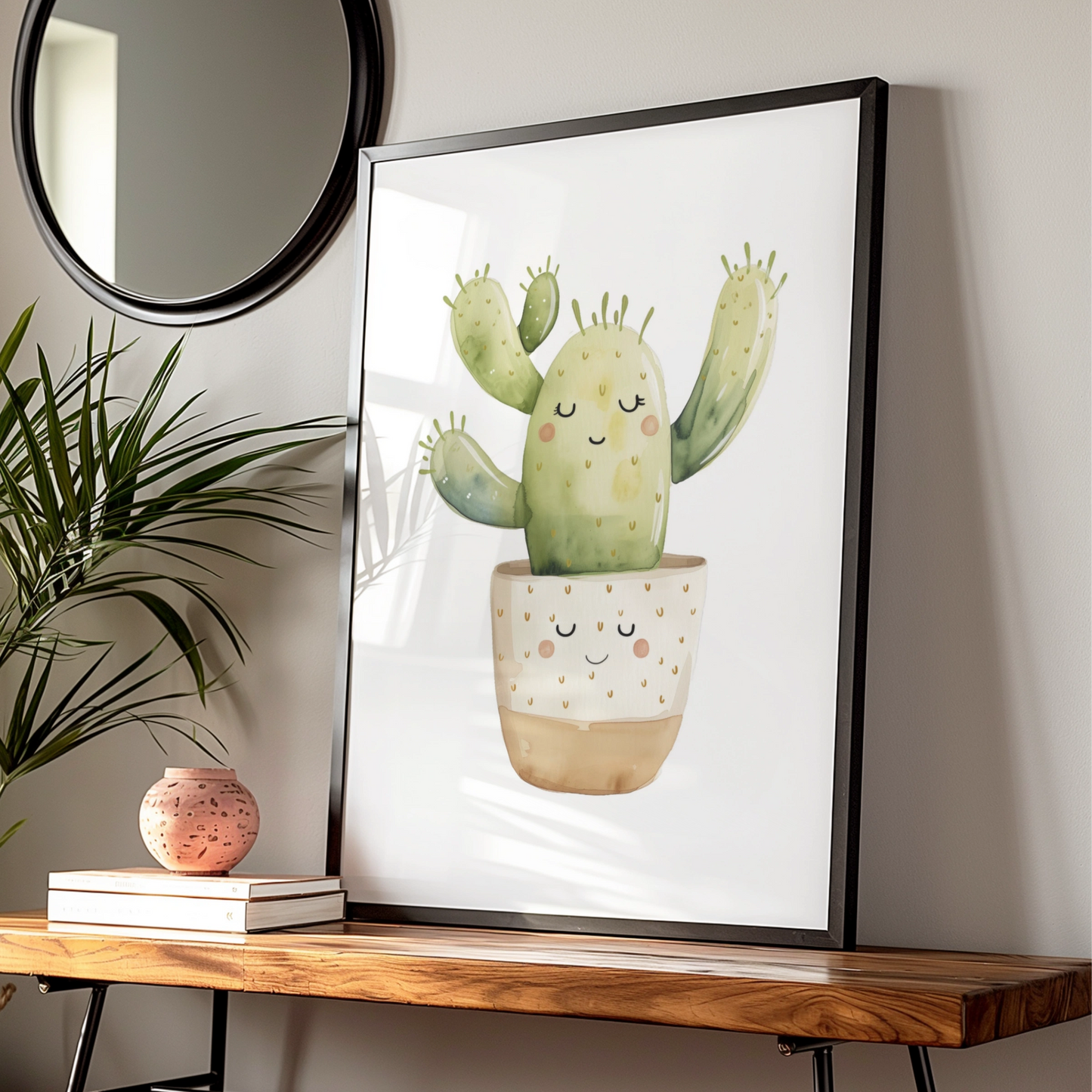 Cute Cactus Nursery Wall Art, Kawaii Watercolour Plant Poster, Kids Room Green Decor Print
