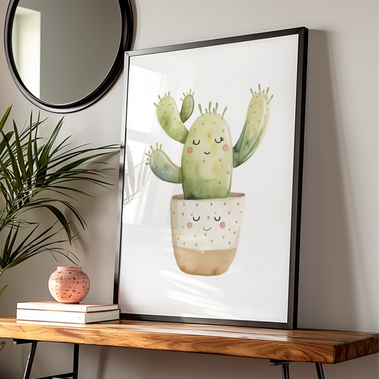 Cute Cactus Nursery Wall Art, Kawaii Watercolour Plant Poster, Kids Room Green Decor Print