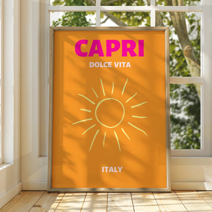 Capri Italy Travel Poster, Retro Sun Wall Art, Italian Holiday Print, Dolce Vita Decor