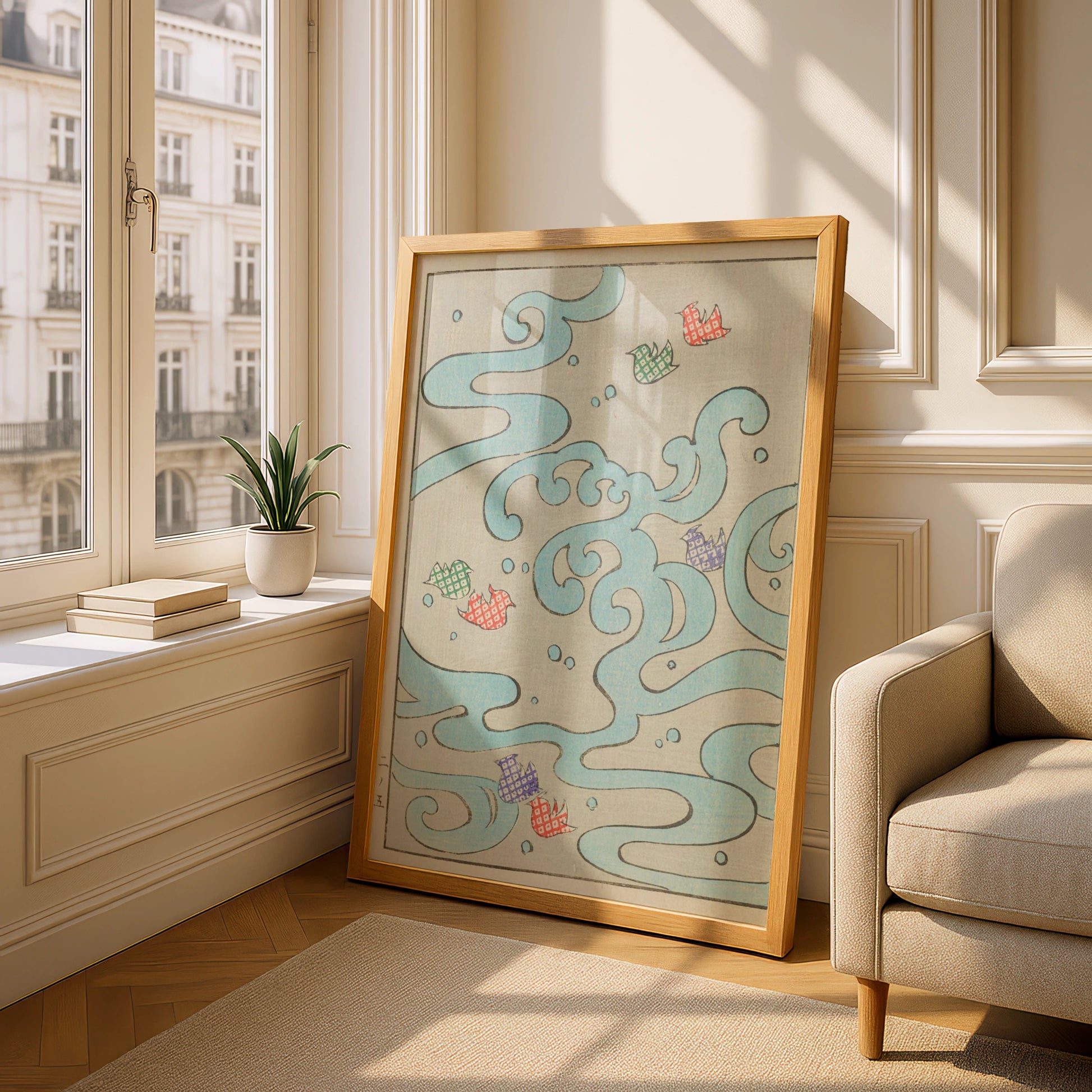 Japanese Woodblock Wall Art, Vintage Wave Print, Bijutsukai 1901, Japandi Poster – A5 Oak frame