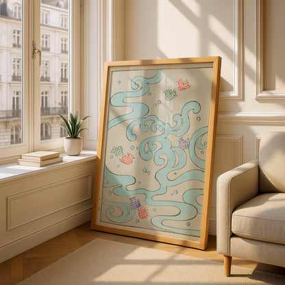 Japanese Woodblock Wall Art, Vintage Wave Print, Bijutsukai 1901, Japandi Poster – A5 Oak frame