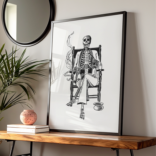 Skeleton Smoking Poster, Halloween Wall Art, Gothic Skull Print, Black White Vintage Macabre Decor