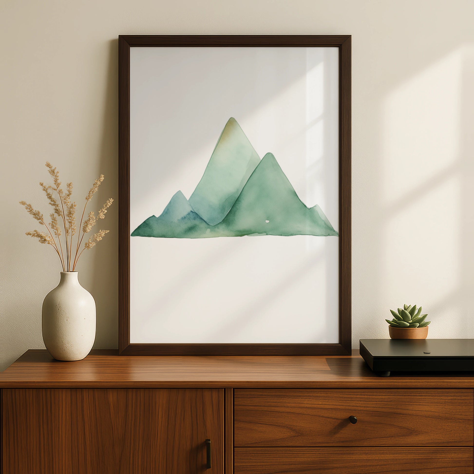 Watercolour Mountain Nursery Wall Art, Green Sage Nature Print, Baby Room Poster