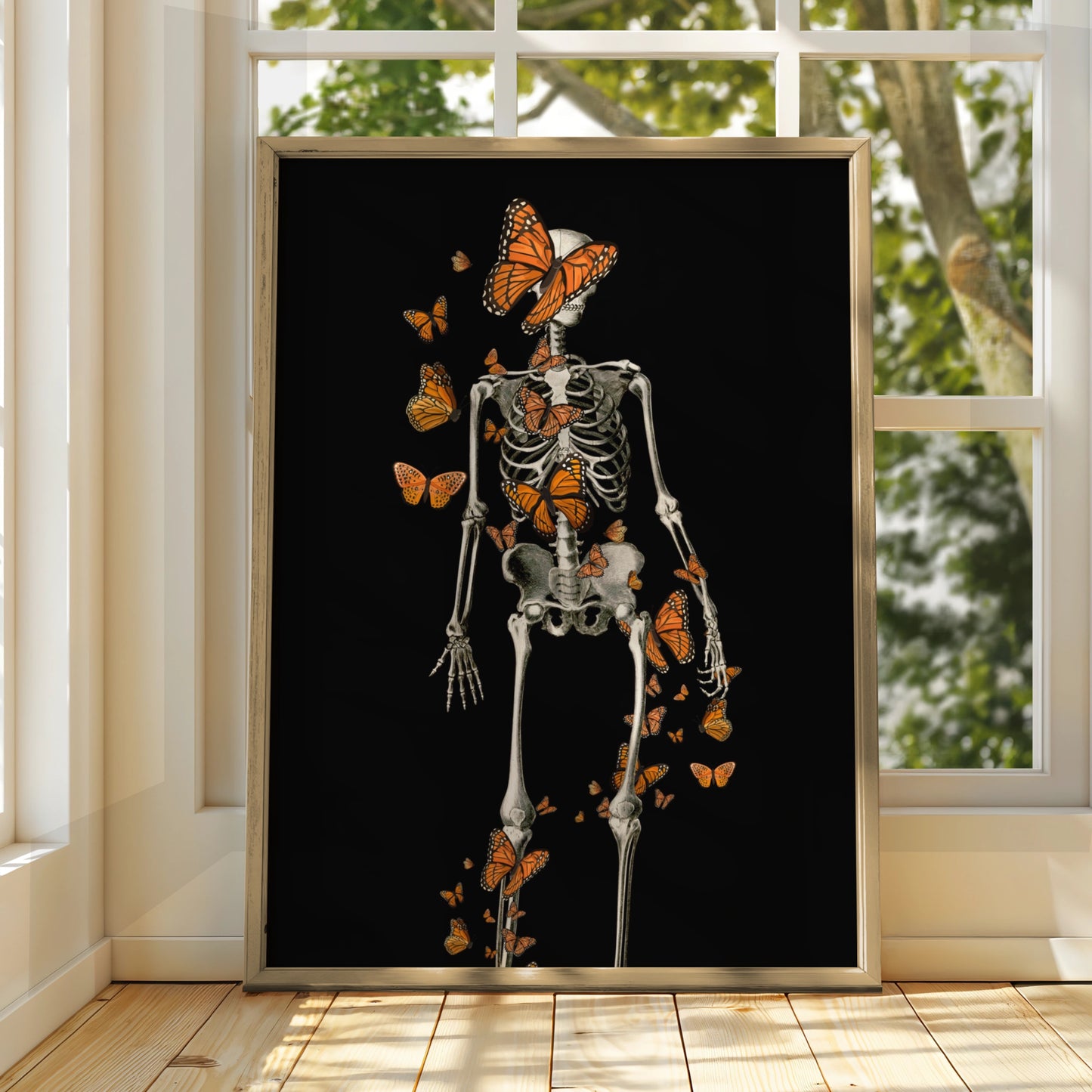 Skeleton Butterfly Halloween Poster, Monarch Gothic Wall Art, Dark Spooky Print