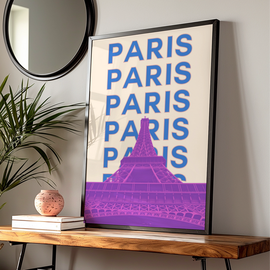 Paris Travel Poster, Eiffel Tower Wall Art, Retro France Print, Bold Typography City Decor — Digital Download