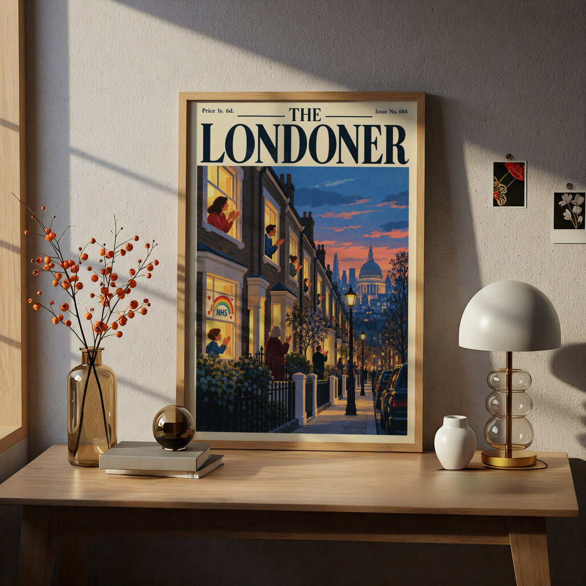 The Londoner Magazine Cover Poster, London Street at Dusk, St Pauls Dome, Retro Wall Art Print
