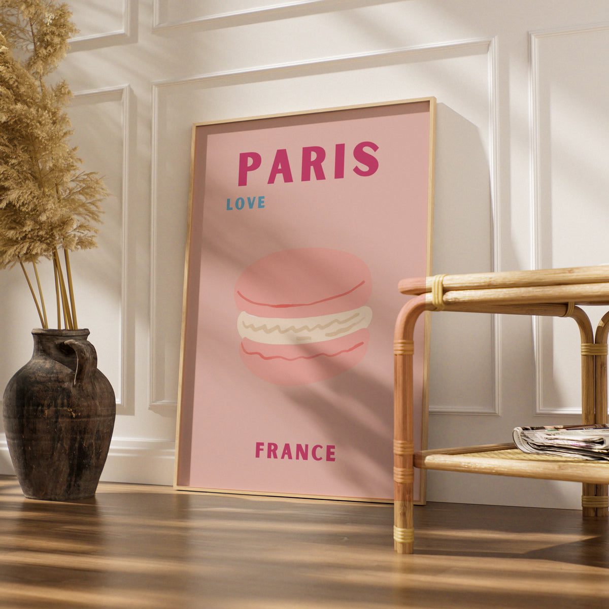 Paris France Travel Poster, French Macaron Wall Art, Retro Pink Paris Print, Kitchen Decor
